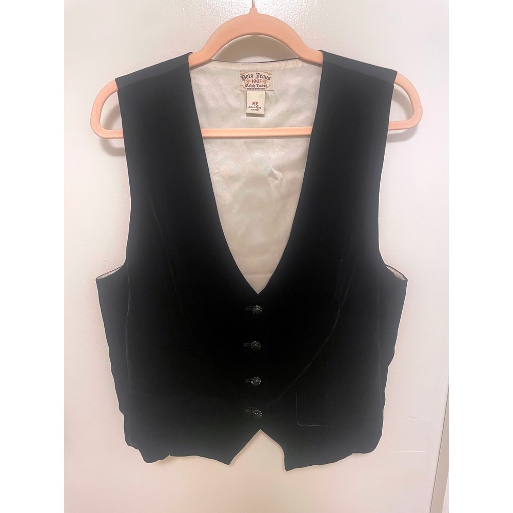 Polo Jeans Ralph Lauren Vest Waistcoat Vintage Black Velvet XL Silk Rayon Blend